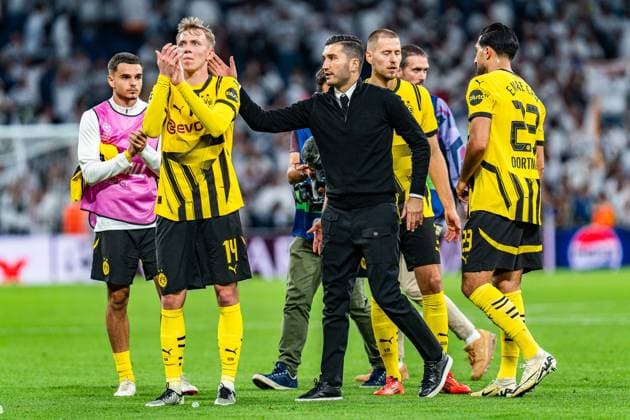 22 10 2024, Real Madrid vs Borussia Dortmund, UEFA Champions League, Matchday 3 Sadness and disappointment at Maximilian Beier Borussia Dortmund, 14 Nuri Sahin Borussia Dortmund, Coach Emre Can Borussia Dortmund, 23 Nico Schlotterbeck Borussia Dortmund, 4 Copyright: xBahhoxKarax