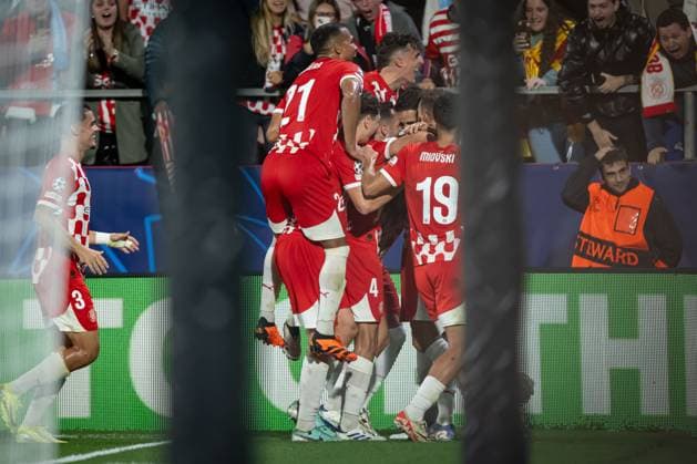 Juan Pedro Ramirez Girona FC celebrates after scoring his team s goal with team mates during a UEFA Champions League match between Girona FC and Slovan Bratislava at Estadi Municipal de Montilivi in Girona, Girona, Spain, on October 22 2024 Photo by Felipe Mondino Copyright: x@FELIPExMONDINOx