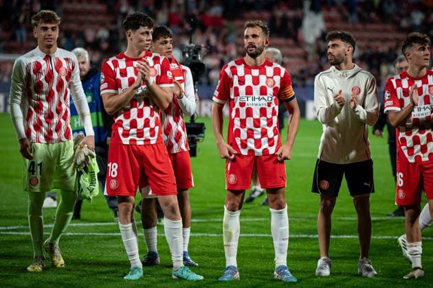 Ladislav Krejci Girona FC and Cristian Stuani Girona FC gestures during a UEFA Champions League match between Girona FC and Slovan Bratislava at Estadi Municipal de Montilivi in Girona, Girona, Spain, on October 22 2024 Photo by Felipe Mondino Copyright: x@FELIPExMONDINOx