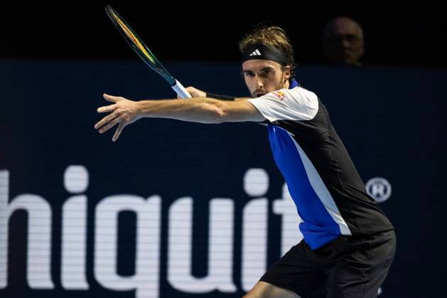 22nd October 2024; St. Jakobshalle, Basel, Switzerland; ATP, Tennis Herren 500 Swiss Indoors Basel Tennis, Day 2; Stefanos Tsitsipas (GRE) in action against Francisco Cerundolo (ARG) in the first round  ActionPlus12706348 DavidxEmm