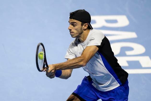 22nd October 2024; St. Jakobshalle, Basel, Switzerland; ATP, Tennis Herren 500 Swiss Indoors Basel Tennis, Day 2; Francisco Cerundolo (ARG) in action against Stefanos Tsitsipas (GRE) in the first round  ActionPlus12706350 DavidxEmm