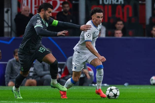 (R-L) Chemsdine Talbi of Club Brugge KV competes for the ball with Theo Hernandez of AC Milan during UEFA Champions League 2024 25 League Phase - Matchday3 football match between AC Milan and Club Brugge KV at San Siro Stadium Milan Italy on 22 October 2024. Milan Stadio San Siro Milan Italy Copyright: xEPhotopressx SP24-1018-017