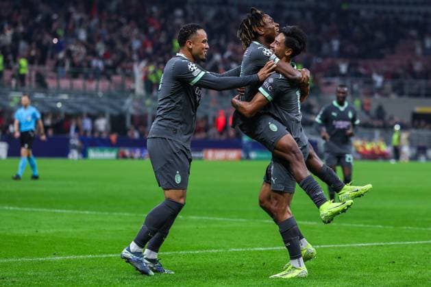 (R-L) Tijjani Reijnders of AC Milan celebrates with his team mates Samuel Chukwueze and Noah Okafor after scoring a goal during UEFA Champions League 2024 25 League Phase - Matchday3 football match between AC Milan and Club Brugge KV at San Siro Stadium Milan Italy on 22 October 2024. Milan Stadio San Siro Milan Italy Copyright: xEPhotopressx SP24-1018-038
