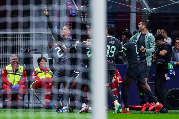 Francesco Camarda of AC Milan celebrates after scoring a goal with his teammates (goal will be disallowed by Video Assistant Referee due to offside) during UEFA Champions League 2024 25 League Phase - Matchday3 football match between AC Milan and Club Brugge KV at San Siro Stadium Milan Italy on 22 October 2024. Milan Stadio San Siro Milan Italy Copyright: xEPhotopressx SP24-1018-045