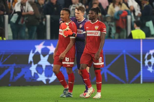 Turin, Italy, 22nd October 2024. Alexander Nubel and Jamie Leweling of VfB Stuttgart celebrate with winning golascorer El Bilal Toure of VfB Stuttgart following the final whistle of the UEFA Champions League match at Juventus Stadium, Turin. Picture credit should read: Jonathan Moscrop Sportimage EDITORIAL USE ONLY. No use with unauthorised audio, video, data, fixture lists, club league logos or live services. Online in-match use limited to 120 images, no video emulation. No use in betting, games or single club league player publications. SPI-3387-0017