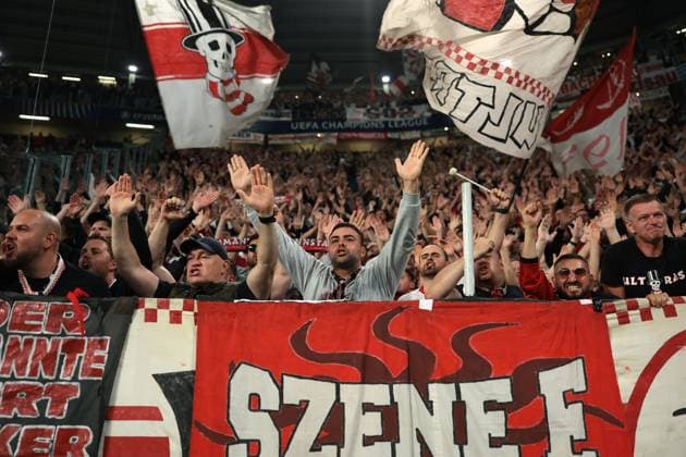 Turin, Italy, 22nd October 2024. VfB Stuttgart fans cheer on their team during the UEFA Champions League match at Juventus Stadium, Turin. Picture credit should read: Jonathan Moscrop Sportimage EDITORIAL USE ONLY. No use with unauthorised audio, video, data, fixture lists, club league logos or live services. Online in-match use limited to 120 images, no video emulation. No use in betting, games or single club league player publications. SPI-3387-0025