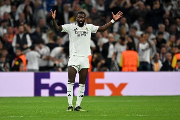 Madrid, Estadio Santiago Bernabeu, 22 10 24, GER, Men, UEFA Champions League, Season 2024 2025, Real Madrid Borussia Dortmund Picture Antonio RUEDIGER Real Madrid cheers after his goal to 1 2 Only for editorial use UEFA regulations prohibit any use of photographs as image sequences and or quasi video Spain