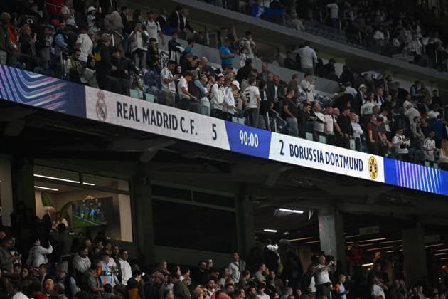 Madrid, Estadio Santiago Bernabeu, 22 10 24, GER, Men, UEFA Champions League, Season 2024 2025, Real Madrid Borussia Dortmund Picture stadium view with scoreboard and final score 5 2 Only for editorial use UEFA regulations prohibit any use of photographs as image sequences and or quasi video Spain
