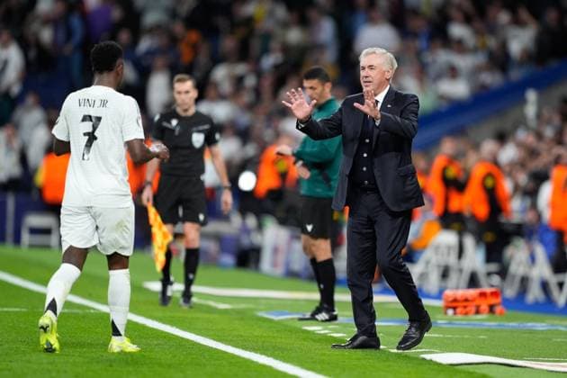 October 22, 2024, Madrid, Madrid, SPAIN: Vinicius Junior of Real Madrid celebrates a goal with Carlo Ancelotti, head coach of Real Madrid, during the UEFA Champions League 2024 25 League Phase MD3 match between Real Madrid CF and Borussia Dortmund at Estadio Santiago Bernabeu on October 22, 2024, in Madrid, Spain. Madrid SPAIN - ZUMAa181 20241022_zaa_a181_248 Copyright: xOscarxJ.xBarrosox