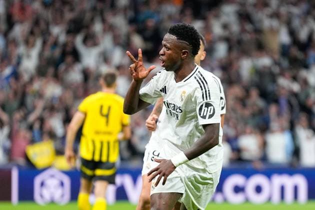 October 22, 2024, Madrid, Madrid, SPAIN: Vinicius Junior of Real Madrid celebrates a goal during the UEFA Champions League 2024 25 League Phase MD3 match between Real Madrid CF and Borussia Dortmund at Estadio Santiago Bernabeu on October 22, 2024, in Madrid, Spain. Madrid SPAIN - ZUMAa181 20241022_zaa_a181_249 Copyright: xOscarxJ.xBarrosox