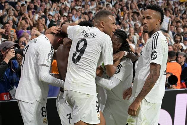 Madrid, Estadio Santiago Bernabeu, 22 10 24, GER, Men, UEFA Champions League, Season 2024 2025, Real Madrid Borussia Dortmund Picture VINICIUS JUNIOR Real Madrid cheers after his goal for 4 2 Only for editorial use UEFA regulations prohibit any use of photographs as image sequences and or quasi video Spain