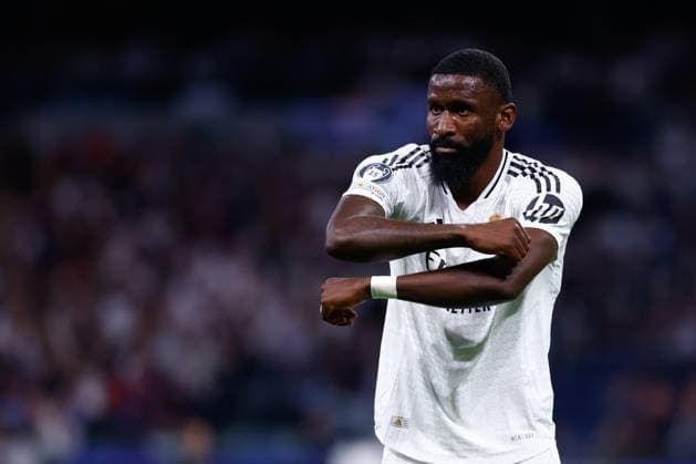 October 22, 2024, Madrid, Madrid, SPAIN: Antonio Rudiger of Real Madrid gestures during the UEFA Champions League 2024 25 League Phase MD3 match between Real Madrid CF and Borussia Dortmund at Estadio Santiago Bernabeu on October 22, 2024, in Madrid, Spain. Madrid SPAIN - ZUMAa181 20241022_zaa_a181_324 Copyright: xDennisxAgyemanx
