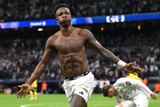 Madrid, Estadio Santiago Bernabeu, 22 10 24, GER, Men, UEFA Champions League, Season 2024 2025, Real Madrid Borussia Dortmund Picture VINICIUS JUNIOR Real Madrid cheers after his goal for 4 2 Only for editorial use UEFA regulations prohibit any use of photographs as image sequences and or quasi video Spain