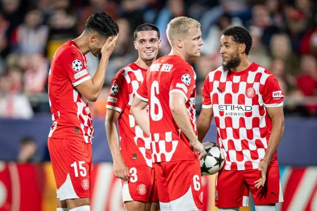 October 22, 2024, Barcelona, Spain: Miguel Gutierrez (L2)(Girona FC) and Juan Pedro Ramirez (No.15)(Girona FC) smile during the UEFA Champions League match between Girona FC and Slovan Bratislava at Estadi Municipal de Montilivi. Final Score: Girona FC 2;0 Slovan Bratislava Barcelona Spain - ZUMAs197 20241022_aaa_s197_403 Copyright: xFelipexMondinox