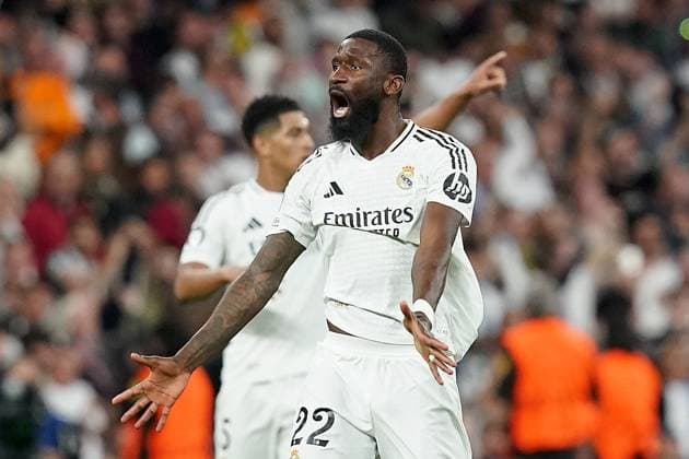 Champions League - Real Madrid v Borussia Dortmund Real Madrid CF s Antonio Rudiger celebrates goal during Champions League match Real Madrid v Borussia Dortmund on October 22, 2024 in Madrid, Spain. Photo by Acero AlterPhotos ABACAPRESS.COM Madrid Spain  Copyright: xAcero AlterPhotos ABACAx
