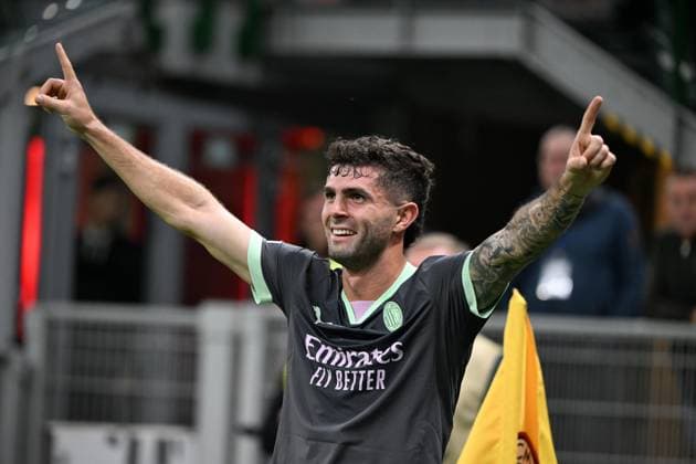 (241023) -- MILAN, Oct. 23, 2024 -- AC Milan s Christian Pulisic celebrates his goal during the UEFA Champions League match between AC Milan and Club Brugge in Milan, Italy, Oct. 22, 2024. (Photo by Xinhua) (SP)ITALY-MILAN-FOOTBALL-UEFA CHAMPIONS LEAGUE-AC MILAN VS CLUB BRUGGE AlbertoxLingria 