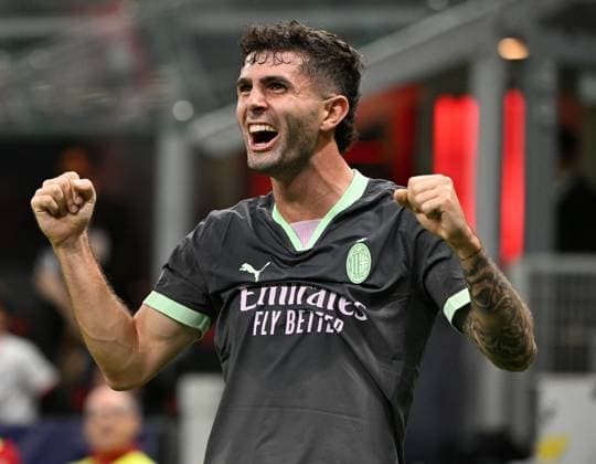 (241023) -- MILAN, Oct. 23, 2024 -- AC Milan s Christian Pulisic celebrates his goal during the UEFA Champions League match between AC Milan and Club Brugge in Milan, Italy, Oct. 22, 2024. (Photo by Xinhua) (SP)ITALY-MILAN-FOOTBALL-UEFA CHAMPIONS LEAGUE-AC MILAN VS CLUB BRUGGE AlbertoxLingria 
