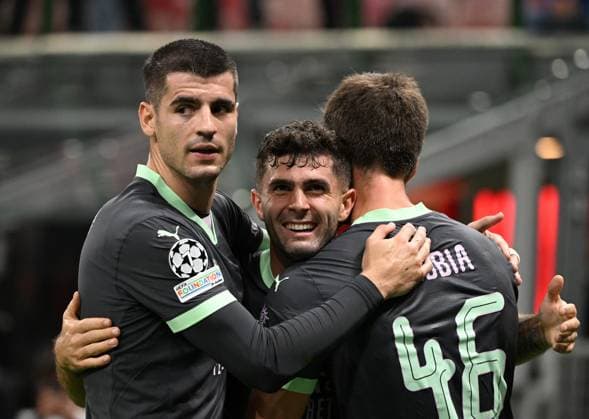 (241023) -- MILAN, Oct. 23, 2024 -- AC Milan s Christian Pulisic (C) celebrates his goal with teammates during the UEFA Champions League match between AC Milan and Club Brugge in Milan, Italy, Oct. 22, 2024. (Photo by Xinhua) (SP)ITALY-MILAN-FOOTBALL-UEFA CHAMPIONS LEAGUE-AC MILAN VS CLUB BRUGGE AlbertoxLingria 