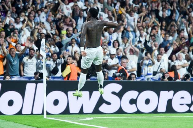 (241023) -- MADRID, Oct. 23, 2024 -- Vinicius Junior of Real Madrid celebrates his goal during the third round match of UEFA Champions League between Real Madrid and Borussia Dortmund in Santiago Bernabeu stadium, Madrid, Spain, Oct. 22, 2024. (Photo by Xinhua) (SP)SPAIN-MADRID-FOOTBALL-UEFA CHAMPIONS LEAGUE-REAL MADRID VS DORTMUND GustavoxValiente 
