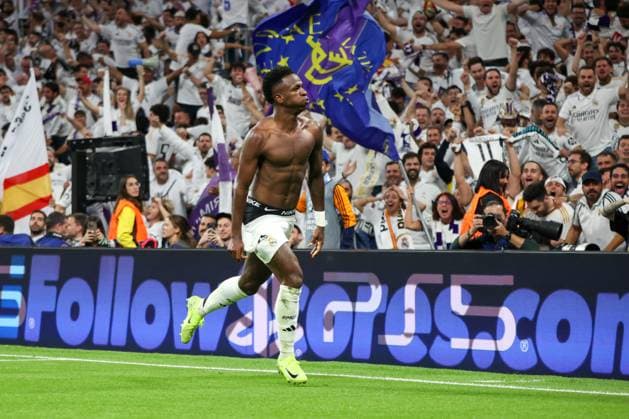 October 22, 2024, Madrid, Spain: Vinicius Jr. celebrates a goal during a Champions League match. Real Madrid defeated Borussia Dortmund 5-2 tonight at the Santiago Bernabeu Stadium in the UEFA Champions League. Madrid Spain - ZUMAs197 20241022_aaa_s197_650 Copyright: xDavidxCanalesx