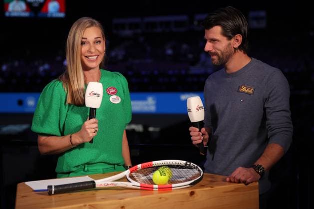 TENNIS - ATP, Tennis Herren Erste Bank Open VIENNA,AUSTRIA,23.OCT.24 - TENNIS - ATP World Tour, Erste Bank Open. Image shows co-presenter Barbara Schett-Eagle and co-presenter Juergen Melzer (Servus TV).  GEPAxpictures xWalterxLuger