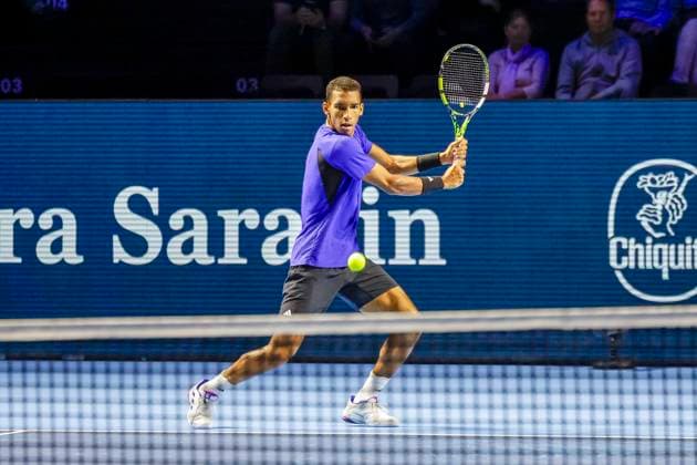 Felix Auger Aliassime CAN , Tennis, Swiss Indoors ATP World Tour 500 , 1 16 Finals Singles, 2024, Felix Auger Aliassime CAN vs Sebastian Baez ARG , 23 10 2024, St Jakobshalle, Basel, Switzerland Basel St Jakobshalle BS Switzerland Copyright: xGrantxHubbsx