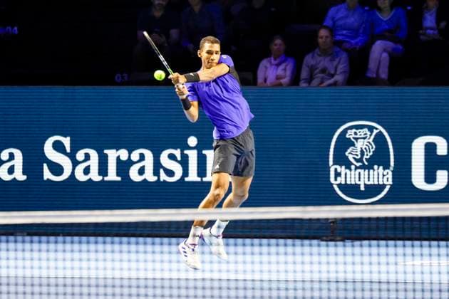 Felix Auger Aliassime CAN , Tennis, Swiss Indoors ATP World Tour 500 , 1 16 Finals Singles, 2024, Felix Auger Aliassime CAN vs Sebastian Baez ARG , 23 10 2024, St Jakobshalle, Basel, Switzerland Basel St Jakobshalle BS Switzerland Copyright: xGrantxHubbsx