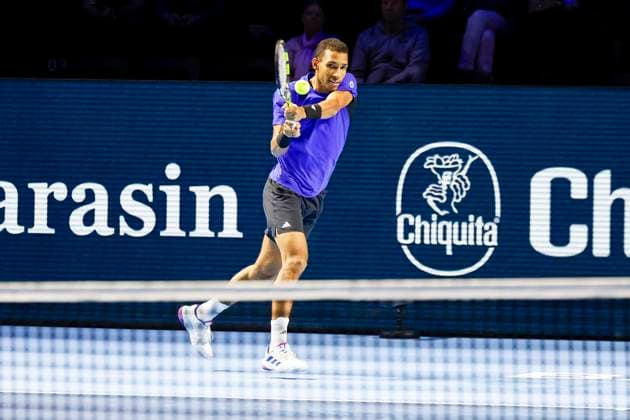 Felix Auger Aliassime CAN , Tennis, Swiss Indoors ATP World Tour 500 , 1 16 Finals Singles, 2024, Felix Auger Aliassime CAN vs Sebastian Baez ARG , 23 10 2024, St Jakobshalle, Basel, Switzerland Basel St Jakobshalle BS Switzerland Copyright: xGrantxHubbsx