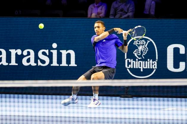 Felix Auger Aliassime CAN , Tennis, Swiss Indoors ATP World Tour 500 , 1 16 Finals Singles, 2024, Felix Auger Aliassime CAN vs Sebastian Baez ARG , 23 10 2024, St Jakobshalle, Basel, Switzerland Basel St Jakobshalle BS Switzerland Copyright: xGrantxHubbsx