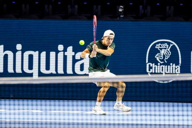 Sebastian Baez ARG , Tennis, Swiss Indoors ATP World Tour 500 , 1 16 Finals Singles, 2024, Felix Auger Aliassime CAN vs Sebastian Baez ARG , 23 10 2024, St Jakobshalle, Basel, Switzerland Basel St Jakobshalle BS Switzerland Copyright: xGrantxHubbsx