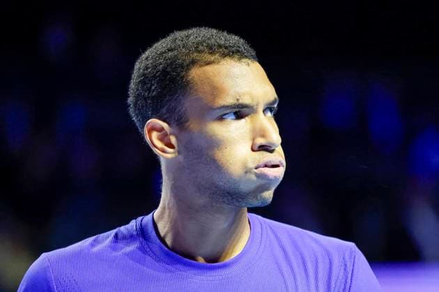 Felix Auger Aliassime CAN , Tennis, Swiss Indoors ATP World Tour 500 , 1 16 Finals Singles, 2024, Felix Auger Aliassime CAN vs Sebastian Baez ARG , 23 10 2024, St Jakobshalle, Basel, Switzerland Basel St Jakobshalle BS Switzerland Copyright: xGrantxHubbsx