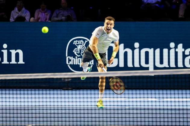 Roberto Bautista Agut ESP , Tennis, Swiss Indoors ATP World Tour 500 , 1 16 Finals Singles, 2024, Roberto Bautista Agut ESP vs Casper Ruud NOR , 23 10 2024, St Jakobshalle, Basel, Switzerland Basel St Jakobshalle BS Switzerland Copyright: xGrantxHubbsx