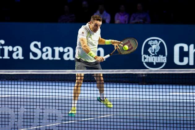 Roberto Bautista Agut ESP , Tennis, Swiss Indoors ATP World Tour 500 , 1 16 Finals Singles, 2024, Roberto Bautista Agut ESP vs Casper Ruud NOR , 23 10 2024, St Jakobshalle, Basel, Switzerland Basel St Jakobshalle BS Switzerland Copyright: xGrantxHubbsx