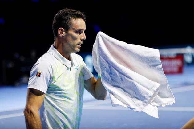 Roberto Bautista Agut ESP , Tennis, Swiss Indoors ATP World Tour 500 , 1 16 Finals Singles, 2024, Roberto Bautista Agut ESP vs Casper Ruud NOR , 23 10 2024, St Jakobshalle, Basel, Switzerland Basel St Jakobshalle BS Switzerland Copyright: xGrantxHubbsx