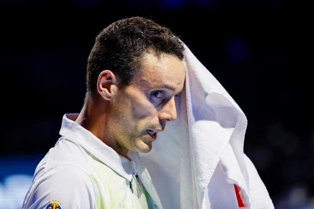 Roberto Bautista Agut ESP , Tennis, Swiss Indoors ATP World Tour 500 , 1 16 Finals Singles, 2024, Roberto Bautista Agut ESP vs Casper Ruud NOR , 23 10 2024, St Jakobshalle, Basel, Switzerland Basel St Jakobshalle BS Switzerland Copyright: xGrantxHubbsx