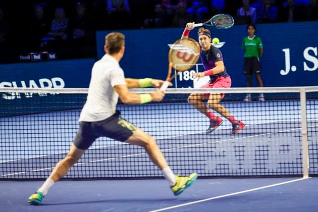 Roberto Bautista Agut ESP and Casper Ruud NOR , Tennis, Swiss Indoors ATP World Tour 500 , 1 16 Finals Singles, 2024, Roberto Bautista Agut ESP vs Casper Ruud NOR , 23 10 2024, St Jakobshalle, Basel, Switzerland Basel St Jakobshalle BS Switzerland Copyright: xGrantxHubbsx