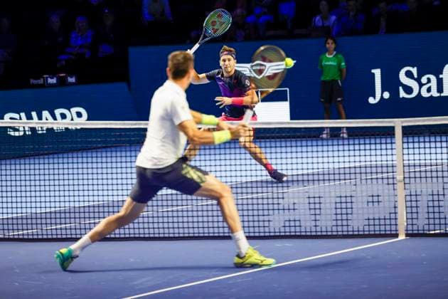 Roberto Bautista Agut ESP and Casper Ruud NOR , Tennis, Swiss Indoors ATP World Tour 500 , 1 16 Finals Singles, 2024, Roberto Bautista Agut ESP vs Casper Ruud NOR , 23 10 2024, St Jakobshalle, Basel, Switzerland Basel St Jakobshalle BS Switzerland Copyright: xGrantxHubbsx