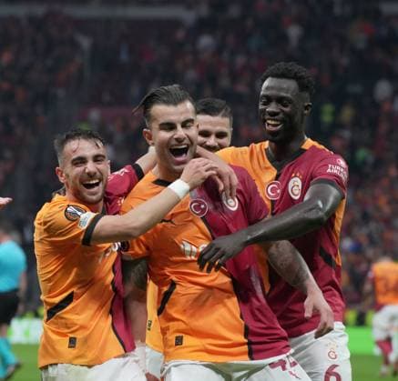 RECORD DATE NOT STATED Galatasaray s player Abdulkerim Bardakci celebrates his goal with teammates during Galatasaray - IF Elsborg UEFA Europe League match at Rams Stadium in Istanbul, Turkey, on 23 October 2024. (Depo Photos) 18485514