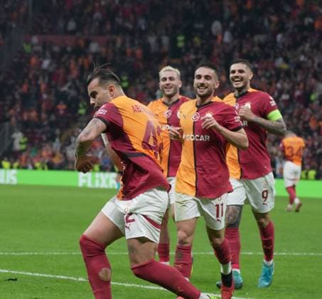 RECORD DATE NOT STATED Galatasaray s player Abdulkerim Bardakci celebrates his goal with teammates during Galatasaray - IF Elsborg UEFA Europe League match at Rams Stadium in Istanbul, Turkey, on 23 October 2024. (Depo Photos) 18485516