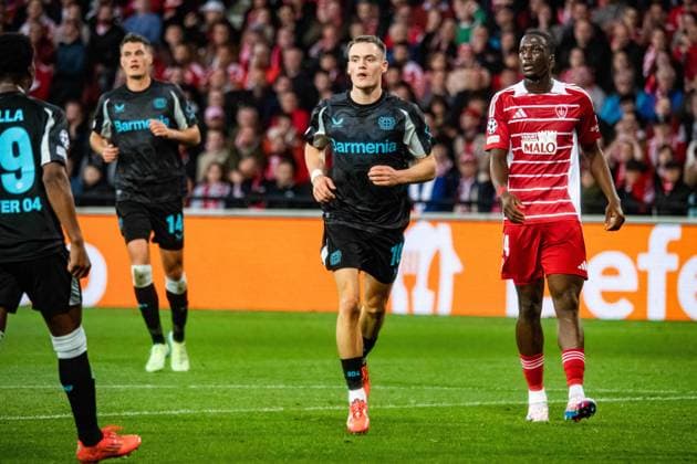 Joie des joueurs du Bayer Leverkusen aprés le but de Florian Wirtz (Bayer Leverkusen) FOOTBALL : Stade Brestois vs Bayer Leverkusen - Ligue des Champions - 3ére Journée - 23 10 2024 BaptisteAutissier Panoramic 