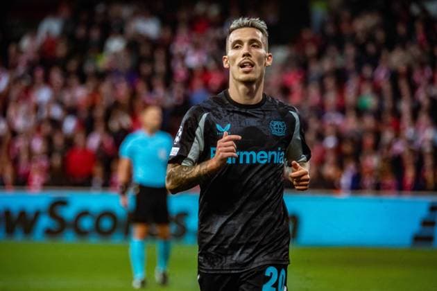 Alejandro Grimaldo (Bayer Leverkusen) FOOTBALL : Stade Brestois vs Bayer Leverkusen - Ligue des Champions - 3ére Journée - 23 10 2024 BaptisteAutissier Panoramic 
