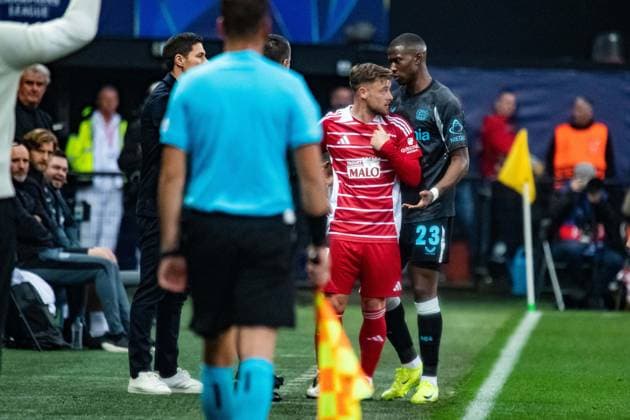 Hugo Magnetti (Stade Brestois) Nordi Mukiele (Bayer Leverkusen) FOOTBALL : Stade Brestois vs Bayer Leverkusen - Ligue des Champions - 3ére Journée - 23 10 2024 BaptisteAutissier Panoramic 