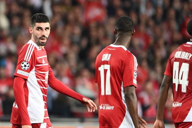 Stade Brestois Leverkusen PHOTOPQR LE TELEGRAMME NICOLAS CREACH ; ; 23 10 2024 ; Football Stade du Roudourou à Guingamp Ligue des champions 23 octobre 2024 Stade Brestois Leverkusen La joie de Ludovic Ajorque suite au but Brestois Photos Nicolas Créach France  Copyright: xPHOTOPQR LExTELEGRAMME MAXPPPxNICOLASxCREACHx 20241023TGB2545 20241023TGB2545