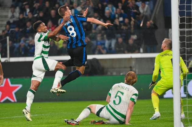 23rd October 2024; Gewiss Stadium, Bergamo, Italy, UEFA Champions League Football, Atalanta versus Celtic; Mario Pasalic of Atalanta BC climbs to head the ball in the Celtic box  ActionPlus12706517 BestxImages