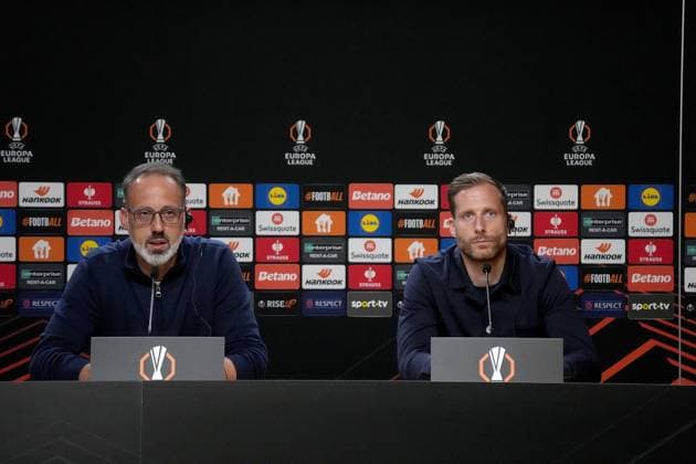 PRT, UEFA Europa League, FC Porto vs Hoffenheim 23 10 2024, Estadio Do Dragao, Porto, PRT, UEFA Europa League, FC Porto vs Hoffenheim , in the picture press conference with coach Pellegrino Matarazzo Hoffenheim and goalkeeper Oliver Baumann Hoffenheim nordphotoxGmbHx xBratic nph00250
