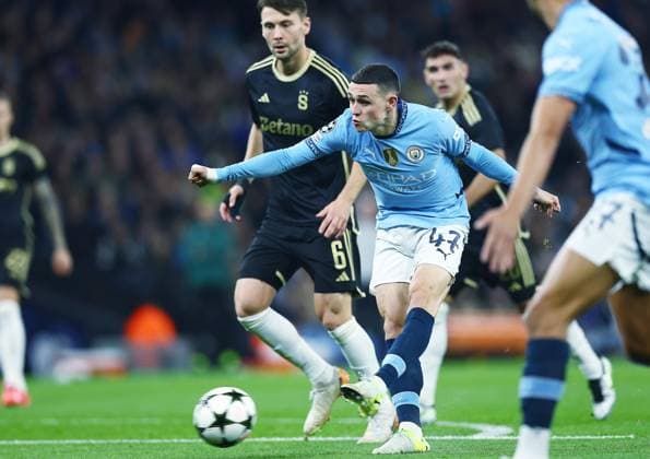 Phil Foden of Manchester City scores the opening goal Manchester City v Sparta Praha, UEFA Champions League, Group Stage, Football, Etihad Stadium, Manchester, UK, 23 Oct 2024 EDITORIAL USE ONLY No use with unauthorised audio, video, data, fixture lists, club league logos or live services. Online in-match use limited to 120 images, no video emulation. No use in betting, games or single club league player publications.  Copyright: xMattxWest Shutterstockx 14801642o
