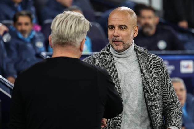UEFA Champions League, League Stage Manchester City v Sparta Prague Lars Friis head coach of Sparta Prague and Pep Guardiola manager of Manchester City shake hands during the UEFA Champions League, League Stage Manchester City v Sparta Prague at Etihad Stadium, Manchester, United Kingdom, 23rd October 2024 (Photo by Mark Cosgrove News Images) Manchester Etihad Stadium Manchester United, ManU Kingdom Copyright: xMarkxCosgrove NewsxImagesx