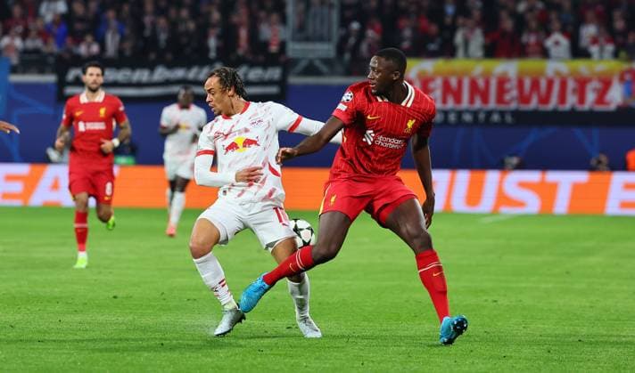 RB Leipzig Liverpool Champions League Leipzig, 23 10 2024, Red Bull Arena, Football, UEFA Champions League, Matchday 3 , RB LEIPZIG vs FC LIVERPOOL , Pictured from l Xavi Simons 10, RB Leipzig and Ibrahima Konate 5, Liverpool , Picture Point