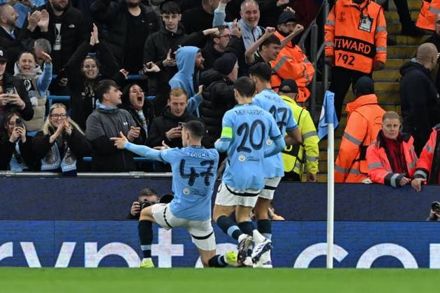 UEFA Champions League, League Stage Manchester City v Sparta Prague Phil Foden of Manchester City celebrates his goal to make it 1-0 Manchester City during the UEFA Champions League, League Stage Manchester City v Sparta Prague at Etihad Stadium, Manchester, United Kingdom, 23rd October 2024 (Photo by Cody Froggatt News Images) Manchester Etihad Stadium Manchester United, ManU Kingdom Copyright: xCodyxFroggatt NewsxImagesx