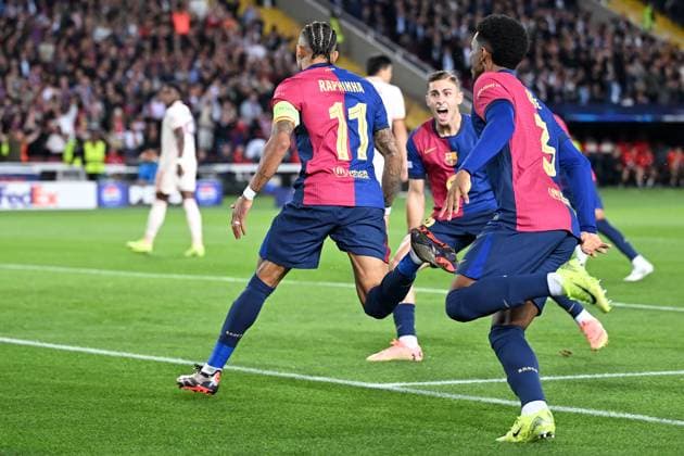 Barcelona, Estadi Olimpic Lluis Companys, 23 10 24, GER, Herren, UEFA Champions League, Saison 2024 2025, FC Barcelona FC Bayern Muenchen Bild RAPINHA Barcelona jubilates after his goal for 1 0 Only for editorial use UEFA regulations prohibit any use of photographs as image sequences and or quasi video Catalonia Spain